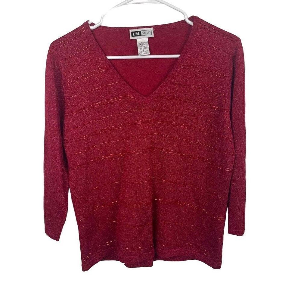 Vintage I.N Studio Red Christmas Sparkly Blouse Silk Lurex Blend Size M/L